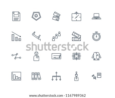 Set Of 20 linear icons such as Push pin, Idea, Hierarchical structure, Archive, Bar chart, Laptop, Money, Cheque, Line Phone call, Cit card, editable stroke vector icon pack
