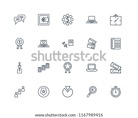 Set Of 20 linear icons such as Chronometer, Magnifying glass, Pie chart, Shield, Group, Wall clock, Cit card, Prize, Idea, Laptop, Gear, editable stroke vector icon pack