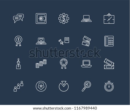 Set Of 20 black linear icons such as Chronometer, Magnifying glass, Pie chart, Shield, Group, Wall clock, Cit card, Prize, Idea, Laptop, Gear, editable stroke vector icon pack