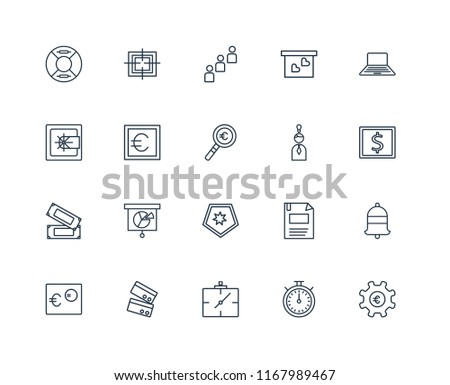 Set Of 20 linear icons such as Gear, Chronometer, Wall clock, Cit card, Euro, Laptop, Idea, Shield, Money, Group, editable stroke vector icon pack