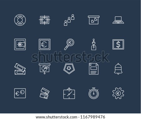 Set Of 20 black linear icons such as Gear, Chronometer, Wall clock, Cit card, Euro, Laptop, Idea, Shield, Money, Group, editable stroke vector icon pack