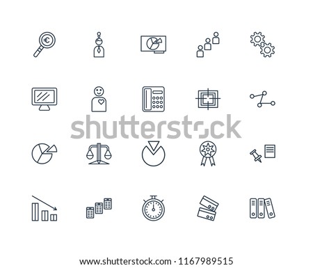 Set Of 20 linear icons such as Archive, Cit card, Chronometer, Newspaper, Bar chart, Gear, Target, Pie Employee, Presentation, editable stroke vector icon pack