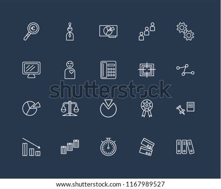 Set Of 20 black linear icons such as Archive, Cit card, Chronometer, Newspaper, Bar chart, Gear, Target, Pie Employee, Presentation, editable stroke vector icon pack