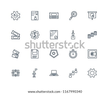 Set Of 20 linear icons such as Gear, Group, Laptop, User, Target, Presentation, Idea, Shield, Cit card, Money, editable stroke vector icon pack