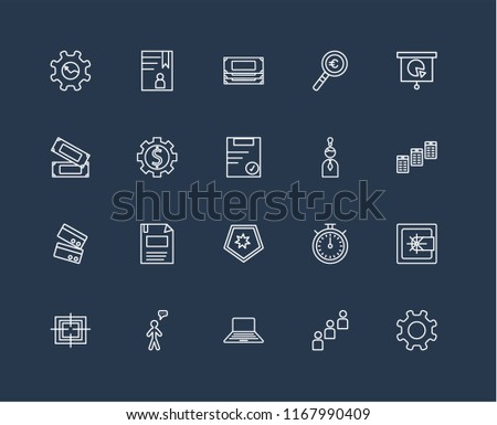 Set Of 20 black linear icons such as Gear, Group, Laptop, User, Target, Presentation, Idea, Shield, Cit card, Money, editable stroke vector icon pack