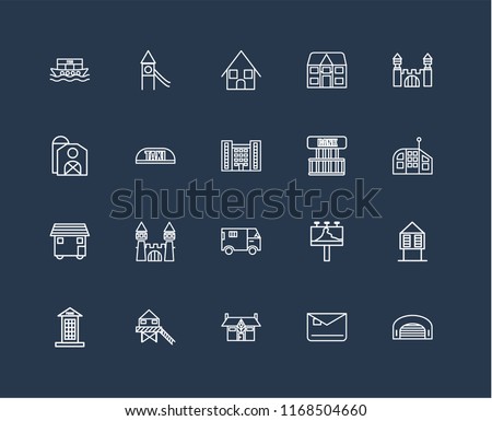 Set Of 20 black linear icons such as Hangar, Mailbox, Mansion, Stilt Home, Phone booth, Bank, Truck, House On Wheels, Taxi, Bungalow, editable stroke vector icon pack