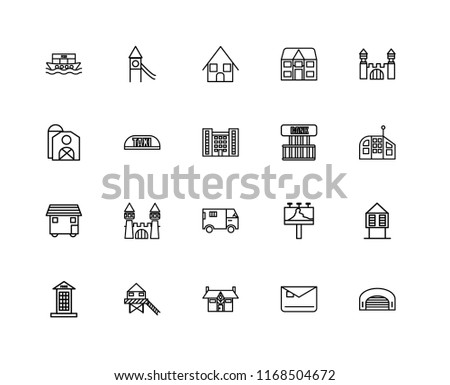 Set Of 20 linear icons such as Hangar, Mailbox, Mansion, Stilt Home, Phone booth, Bank, Truck, House On Wheels, Taxi, Bungalow, editable stroke vector icon pack