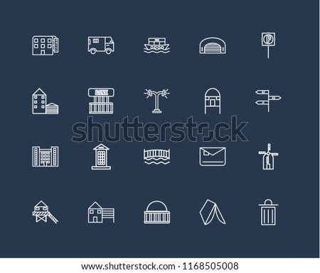 Set Of 20 black linear icons such as Trash, Wigwam, Museum, House, Stilt Home, Parking, Hut, Bridge, Flash Apartment, Bank, Houseboat, editable stroke vector icon pack