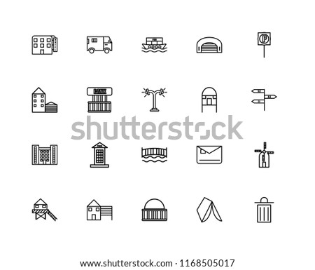 Set Of 20 linear icons such as Trash, Wigwam, Museum, House, Stilt Home, Parking, Hut, Bridge, Flash Apartment, Bank, Houseboat, editable stroke vector icon pack