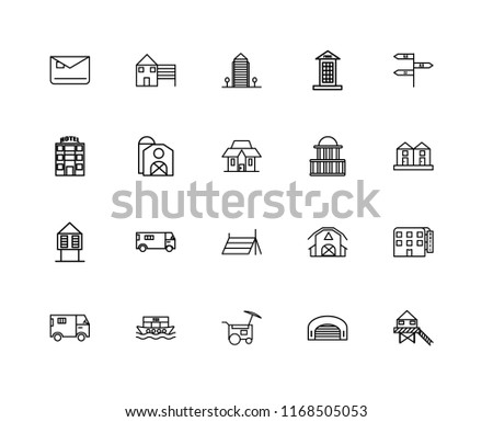 Set Of 20 linear icons such as Stilt Home, Hangar, Food cart, Houseboat, Truck, , Government buildings, Tent, Hut, Barn, Aparment, editable stroke vector icon pack