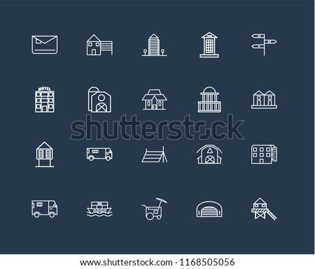 Set Of 20 black linear icons such as Stilt Home, Hangar, Food cart, Houseboat, Truck, , Government buildings, Tent, Hut, Barn, Aparment, editable stroke vector icon pack