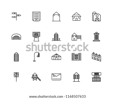 Set Of 20 linear icons such as Bank, Hut, Mailbox, Stilt Home, Parking, Barn, House, Yurt, Skyscraper, Atm, Arbor, editable stroke vector icon pack