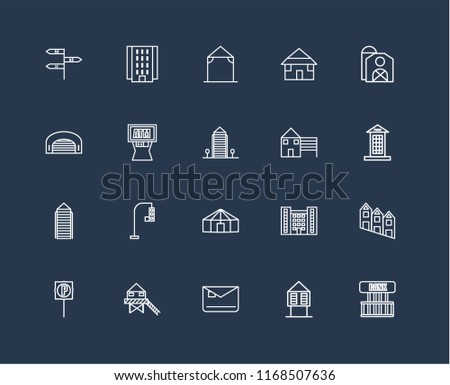 Set Of 20 black linear icons such as Bank, Hut, Mailbox, Stilt Home, Parking, Barn, House, Yurt, Skyscraper, Atm, Arbor, editable stroke vector icon pack
