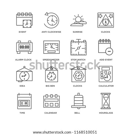 Set Of 16 simple line icons such as Hourglass, Bell, Calendar, Time, Calculator, Event, Alarm clock, Idea, Stop watch, editable stroke icon pack, pixel perfect