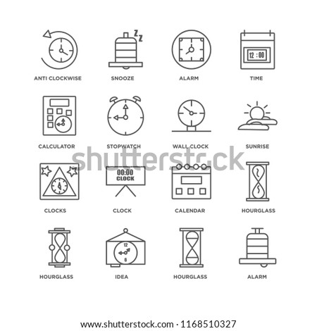 Set Of 16 simple line icons such as Alarm, Hourglass, Idea, Anti clockwise, Calculator, Clocks, Wall clock, editable stroke icon pack, pixel perfect
