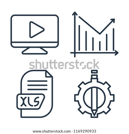 Set of 4 vector icons such as Video player, Statistics, Xls, De, web UI editable icon pack, pixel perfect