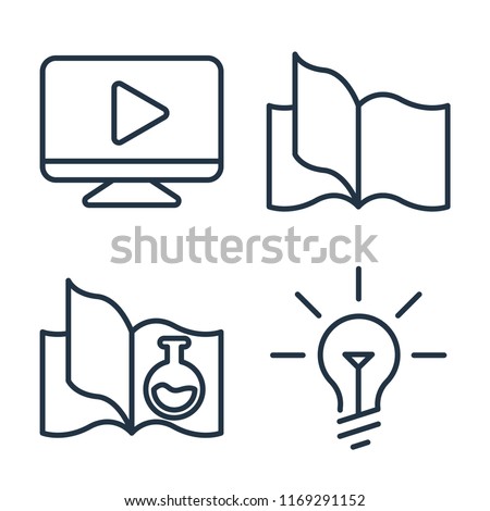 Set of 4 vector icons such as Video player, Book, Science book, Idea, web UI editable icon pack, pixel perfect