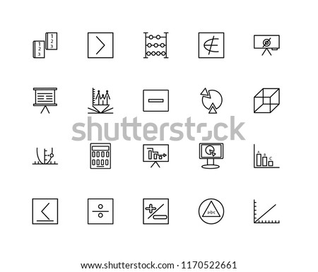 Set Of 20 linear icons such as Line graph, Pi, Maths, Division, Is less than or equal to, Empty set, Pie chart, Analytics, Parabola, Math book, Abacus, editable stroke vector icon pack