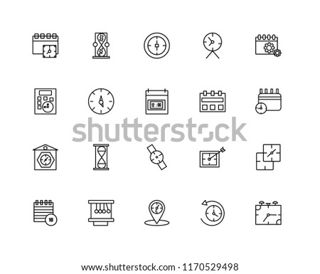 Set Of 20 linear icons such as Alarm clock, Anti clockwise, Placeholder, Newton cradle, Event, Calendar, Smartwatch, Clocks, Time left, Stop watch, editable stroke vector icon pack