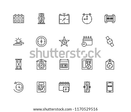 Set Of 20 linear icons such as Smartphone, Hourglass, Event, Calculator, Anti clockwise, Alarm clock, Calendar, Time, Stop watch, editable stroke vector icon pack