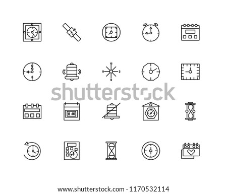 Set Of 20 linear icons such as Calendar, Stop watch, Hourglass, Calculator, Anti clockwise, Stopclock, Alarm, editable stroke vector icon pack