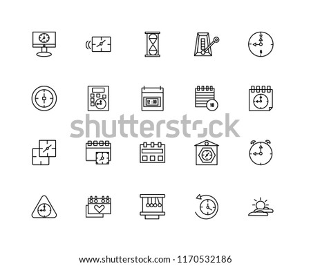 Set Of 20 linear icons such as Sunrise, Anti clockwise, Newton cradle, Calendar, Wall clock, Alarm Event, Stop watch, Calculator, Hourglass, editable stroke vector icon pack