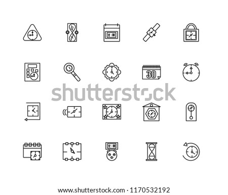 Set Of 20 linear icons such as Anti clockwise, Hourglass, Piggybank, Wall clock, Event, Padlocks, Calendar, Clocks, Time, editable stroke vector icon pack