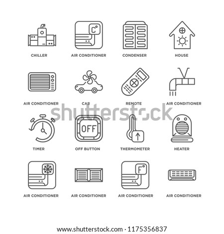 Set Of 16 simple line icons such as Air conditioner, Heater, Chiller, Timer, Remote, editable stroke icon pack, pixel perfect