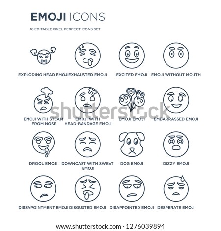 16 linear Emoji icons such as Exploding Head emoji, Exhausted Disgusted Dissapointment Dizzy emoji modern with thin stroke, vector illustration, eps10, trendy line icon set.