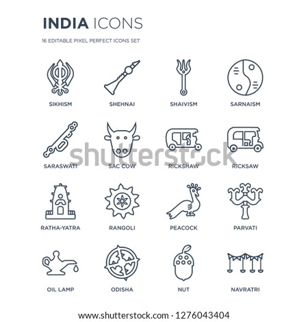 16 linear india icons such as sikhism, Shehnai, odisha, Oil Lamp, Parvati, navratri, Saraswati, ratha-yatra, Rickshaw modern with thin stroke, vector illustration, eps10, trendy line icon set.