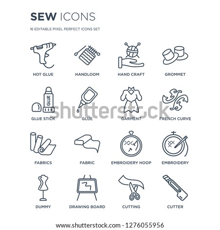 16 linear Sew icons such as Hot glue, handloom, Drawing board, Dummy, Embroidery, Cutter, Glue stick, Fabrics, garment modern with thin stroke, vector illustration, eps10, trendy line icon set.