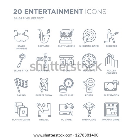 Collection of 20 Entertainment linear icons such as Space invaders, Soprano, Pc game, Pinball, Playing cards, Shooter line icons with thin line stroke, vector illustration of trendy icon set.