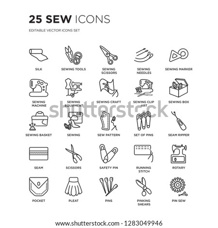 Set of 25 Sew linear icons such as silk, Sewing tools, scissors, needles, sewing Marker, box, Seam ripper, vector illustration of trendy icon pack. Line icons with thin line stroke.