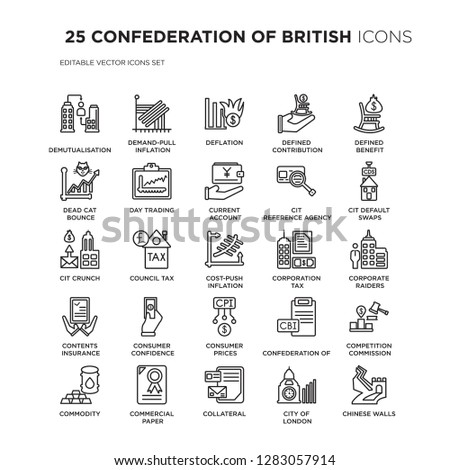 Set of 25 CONFEDERATION OF BRITISH linear icons such as Demutualisation, Demand-pull inflation, Deflation, Defined contribution pension, vector illustration of trendy icon pack. Line icons with thin