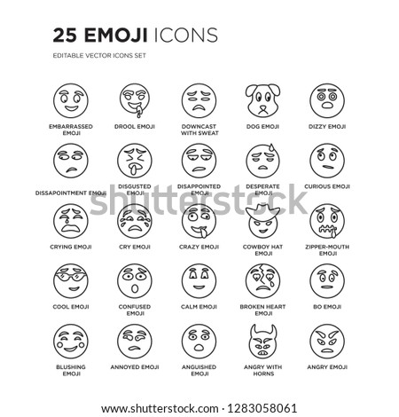 Set of 25 Emoji linear icons such as Embarrassed emoji, Drool Downcast With Sweat Dog Dizzy emoji, vector illustration of trendy icon pack. Line icons with thin line stroke.