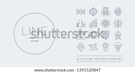 16 line vector icons set such as golden parachute, golden rule, golden share, back, grey knight contains gross domestic product (gdp), gross national product (gnp), ground rent, group of eight (g8).