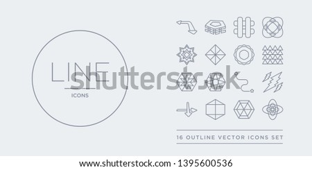 16 line vector icons set such as hexagon, hexahedron, icosahedron, intersection, lightning bolt polygonal contains line segment, metatron cube, multiple triangles inside hexagon, multiple triangles
