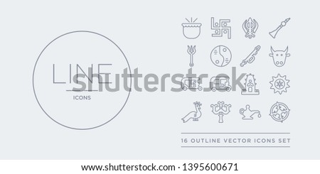 16 line vector icons set such as odisha, oil lamp, parvati, peacock, rangoli contains ratha-yatra, ricksaw, rickshaw, sac cow. odisha, oil lamp, parvati from india outline icons. thin, stroke