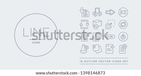 16 line vector icons set such as new file, next page, note, notification, off contains on, options, pause, repeat. new file, next page, note from user interface outline icons. thin, stroke elements