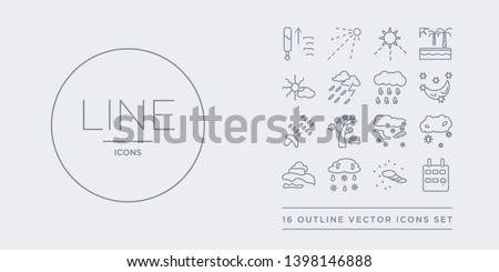 16 line vector icons set such as rainy day, sand storms, sleet, smog, snow cloud contains snow storms, spring, sprinkle weather, starry night. rainy day, sand storms, sleet from weather outline