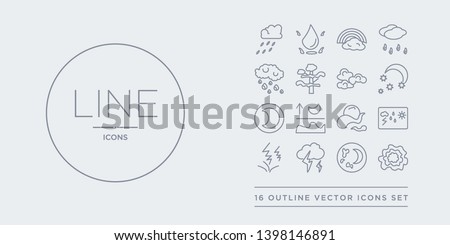 16 line vector icons set such as isobars, last quarter, light bolt, lightning, meteorology contains mist, moonrise, new moon, night. isobars, last quarter, light bolt from weather outline icons.