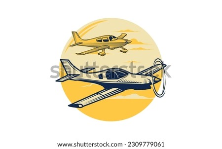 Logo travel by plane airline vector or flight by airplane jet tour concept logotype design, tourism aircraft service symbol graphic round circle shape silhouette on sun sky and mountains company brand