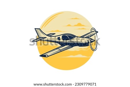 Logo travel by plane airline vector or flight by airplane jet tour concept logotype design, tourism aircraft service symbol graphic round circle shape silhouette on sun sky and mountains company brand
