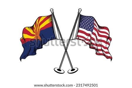 Waving crossed flag of Arizona and usa - state of United States on flagpole. 