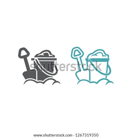 Two vector illustrations of a children's bucket and shovel. Set of vector symbols. Children's game with sand. Flat design Monohrome