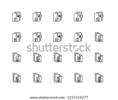 Set Of 20 linear file type icons such as Rar, Jar, Tiff, Avi, C4d, Dll, Ico, Raw, Png, Odt, Cdr, editable stroke vector icon pack