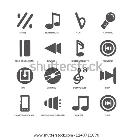 Skip, Rewind, Simile, Eighth note, Octave clef, DVD Disc, Quaver icon 16 set EPS 10 vector format. Icons optimized for both large and small resolutions.