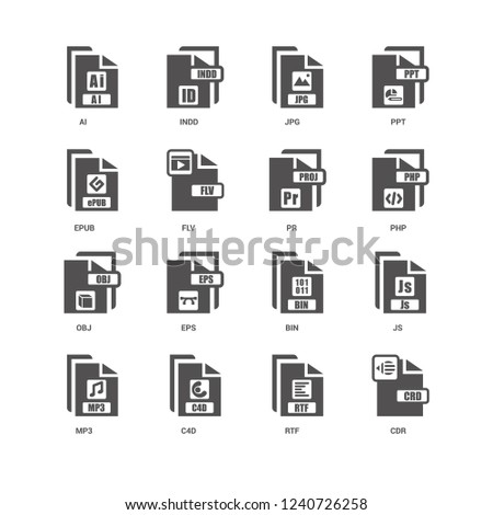 Cdr, Php, PR, Mp3, Js, AI, Epub, Obj, Rtf, C4d, Jpg icon 16 set EPS 10 vector format. Icons optimized for both large and small resolutions.