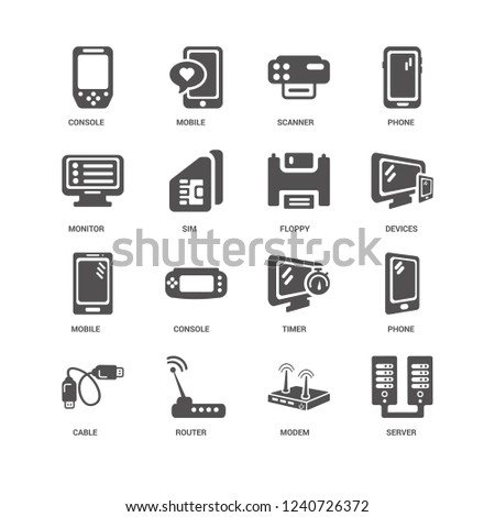 Server, Devices, Floppy, Cable, Phone, Console, Monitor, Mobile, Modem, Router, Scanner icon 16 set EPS 10 vector format. Icons optimized for both large and small resolutions.