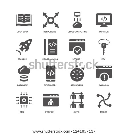 Merge, Key, Secure, Cpu, Warning, Open book, Startup, Database, Users, Profile, Cloud computing icon 16 set EPS 10 vector format. Icons optimized for both large and small resolutions.